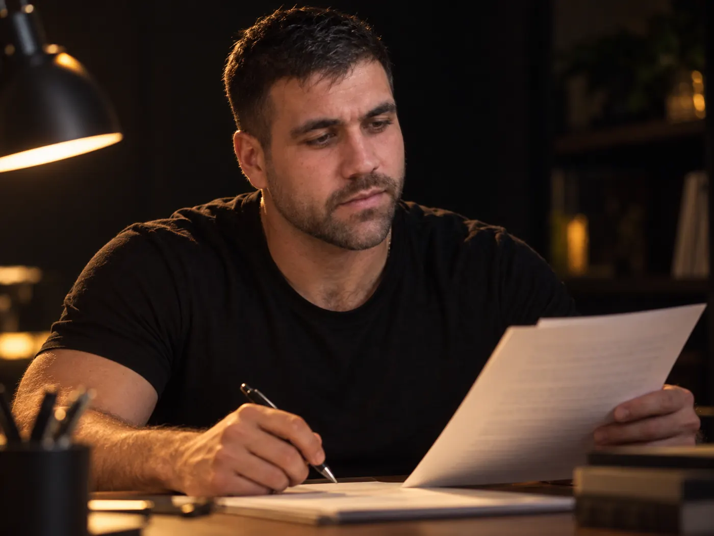 Paul at a desk under a lamp, reading printed pages with a pen